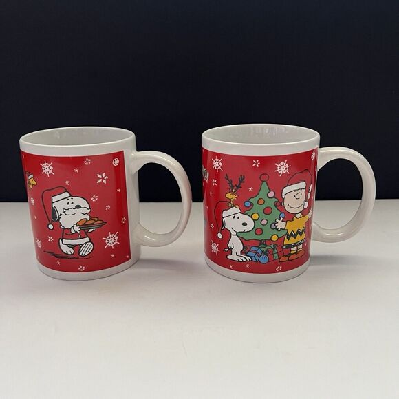2 Galerie Peanuts Red Christmas Mug Snoopy Woodstock HO HO HO Charlie Brown Set